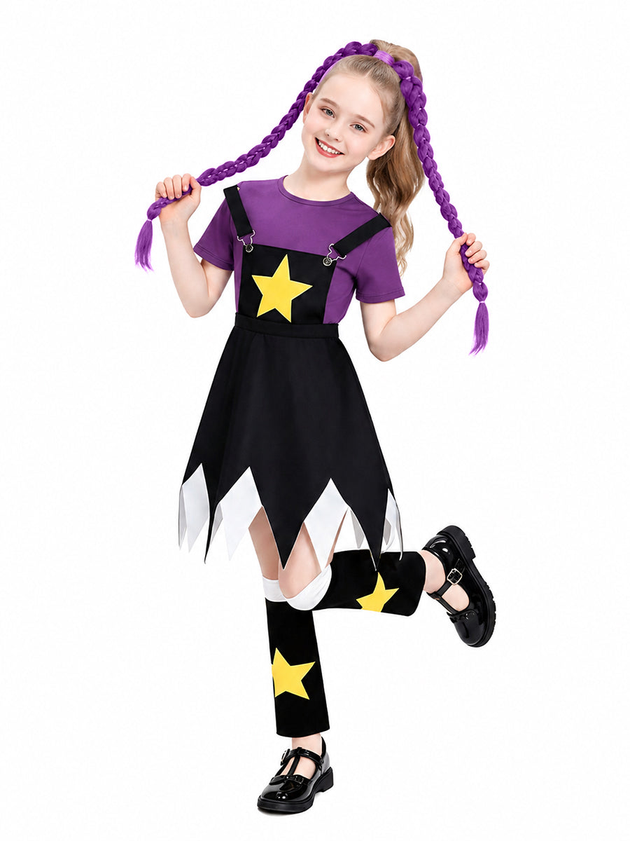 Halloween Costume Creepy Doll Cosplay Dress Star Suspender Set
