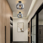 Round Copper Glass Flush Mount Ceiling Light E27 Fitting - Image 2