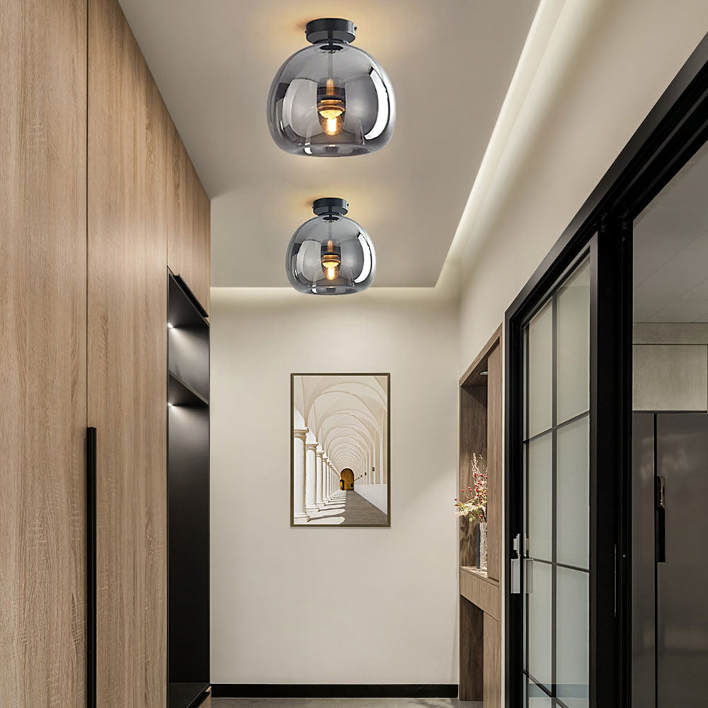 Round Copper Glass Flush Mount Ceiling Light E27 Fitting - Image 2