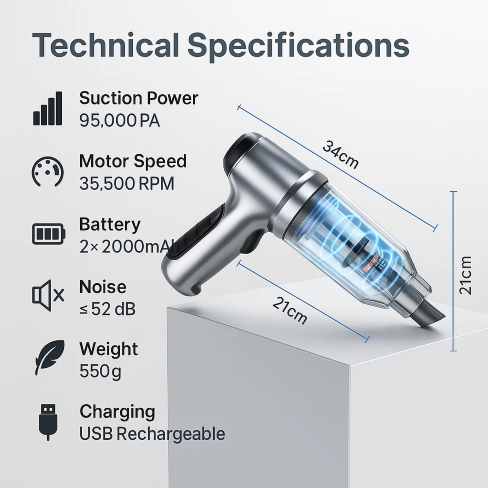 Car Vacuum Cleaner Powerful Compact Cordless Cleaner with Attachments - Image 6