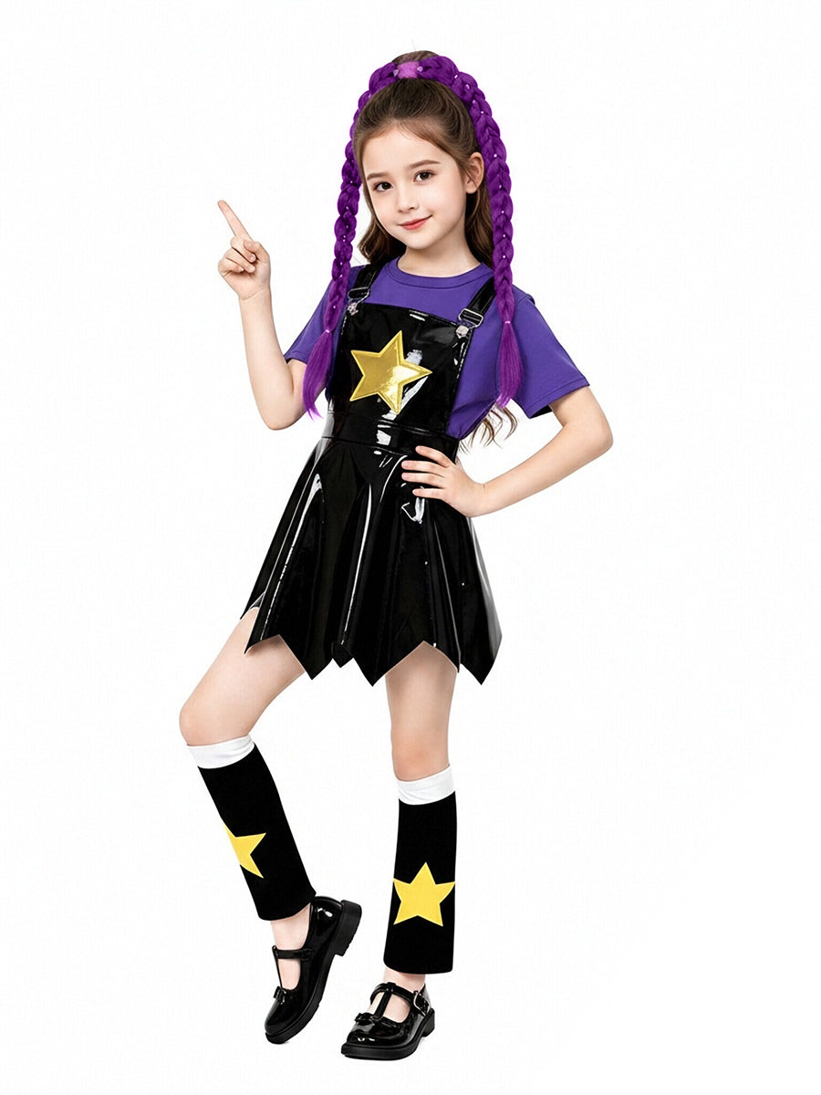 Halloween Costume Black PVC Star Suspender Dress Cosplay Set