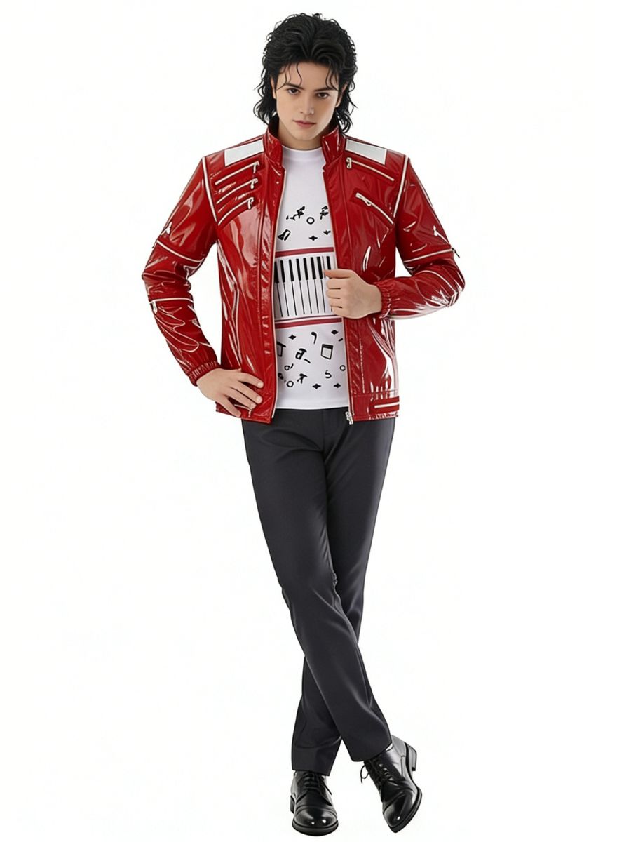 80s Pop Star Costume Adult Red Faux Leather Zipper Jacket - Image 2