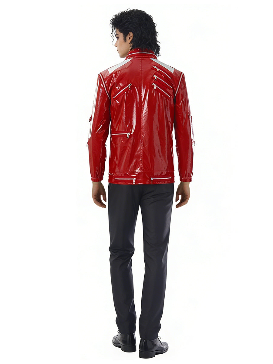 80s Pop Star Costume Adult Red Faux Leather Zipper Jacket - Image 3