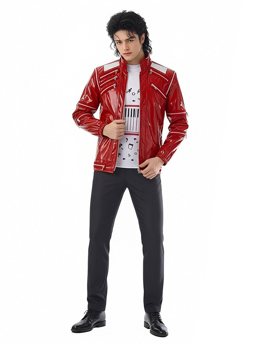 80s Pop Star Costume Adult Red Faux Leather Zipper Jacket - Image 4
