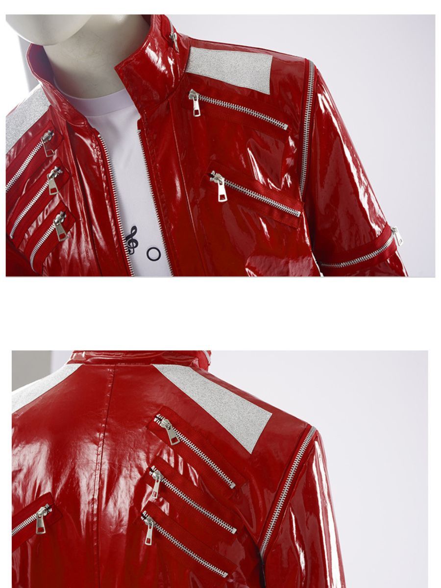 80s Pop Star Costume Adult Red Faux Leather Zipper Jacket - Image 7