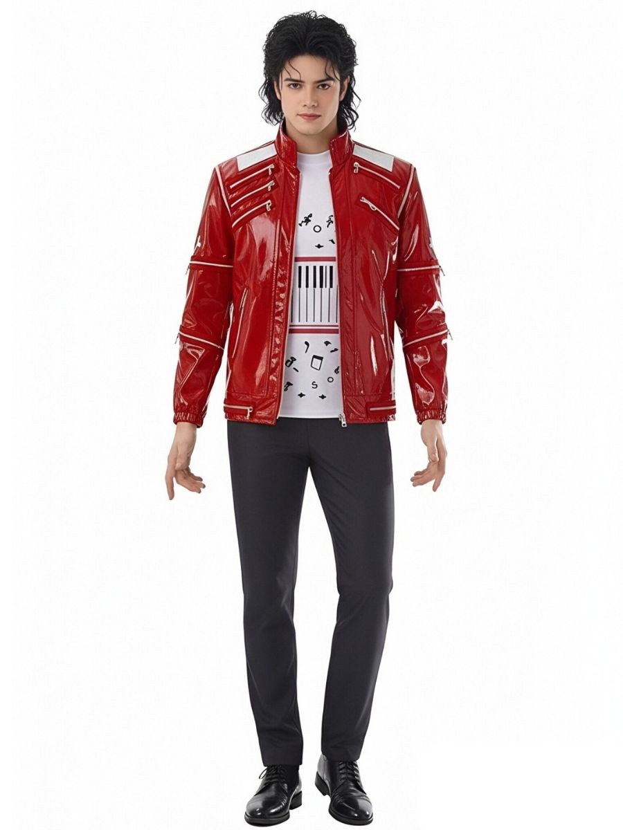 80s Pop Star Costume Adult Red Faux Leather Zipper Jacket