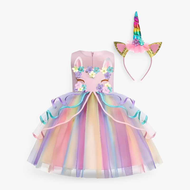 Unicorn Princess Dress Girls Rainbow Tulle Floral Birthday Costume