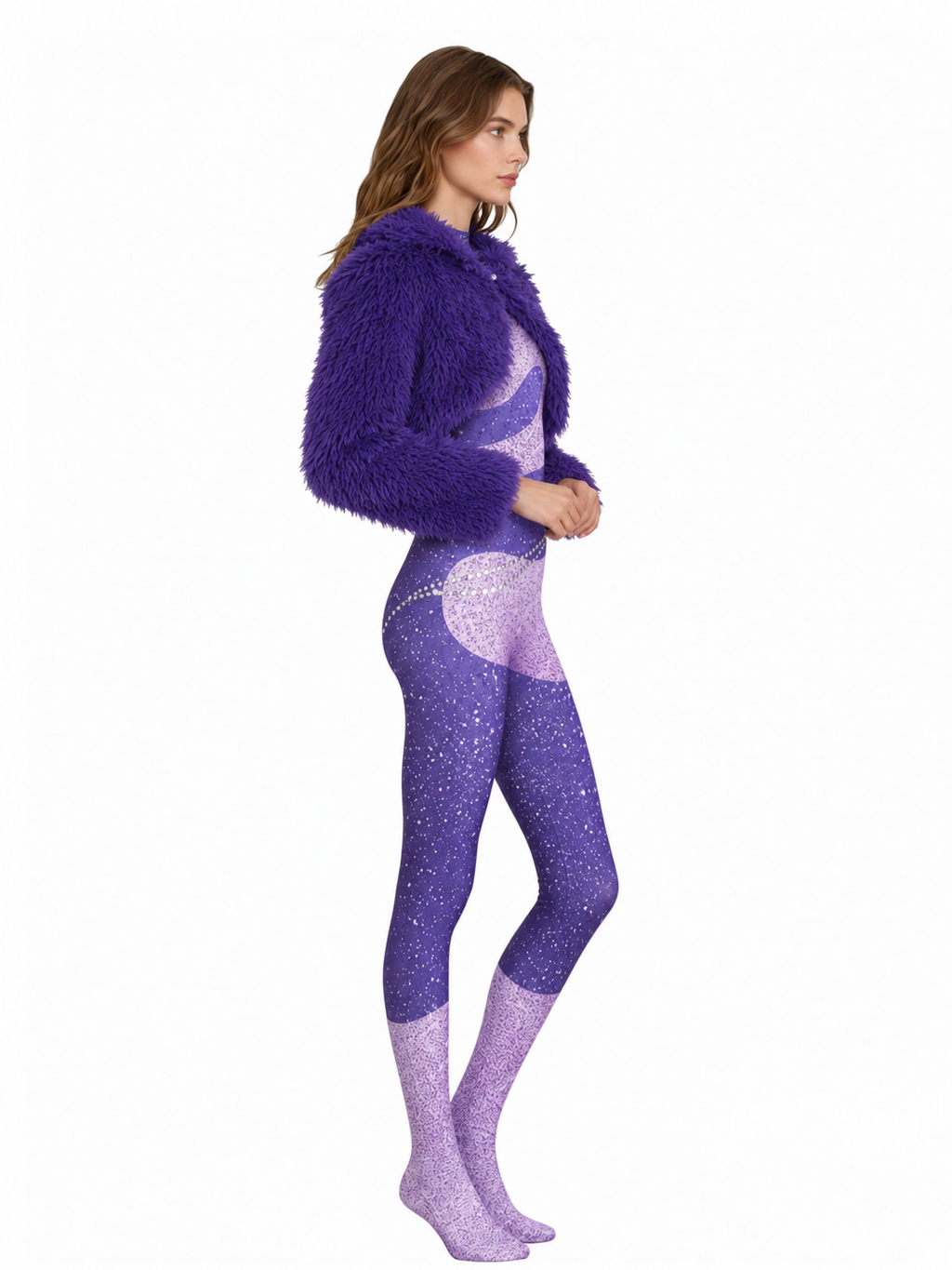 Cosplay Costume Purple Glitter Jumpsuit Faux Fur Jacket Set