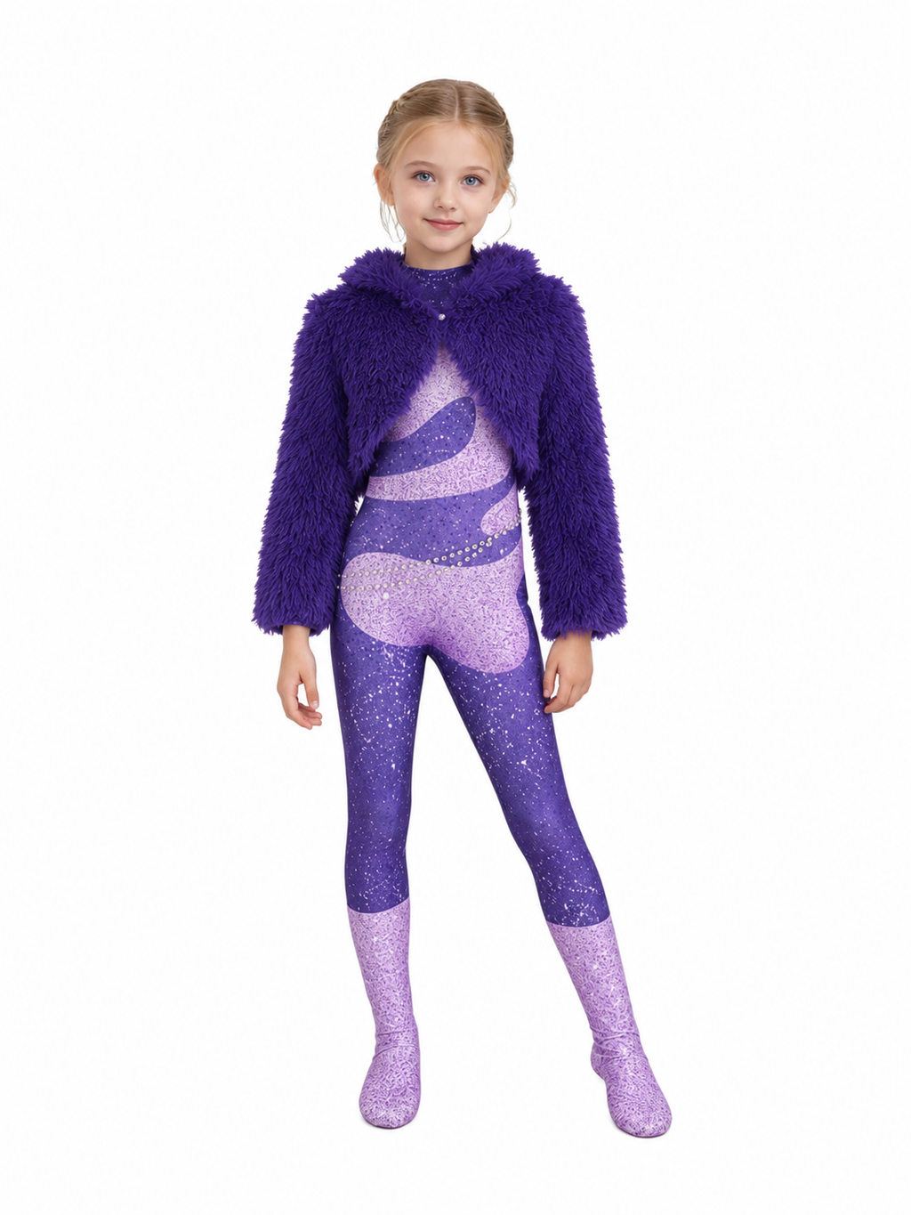 Cosplay Costume Purple Glitter Jumpsuit Faux Fur Jacket Set