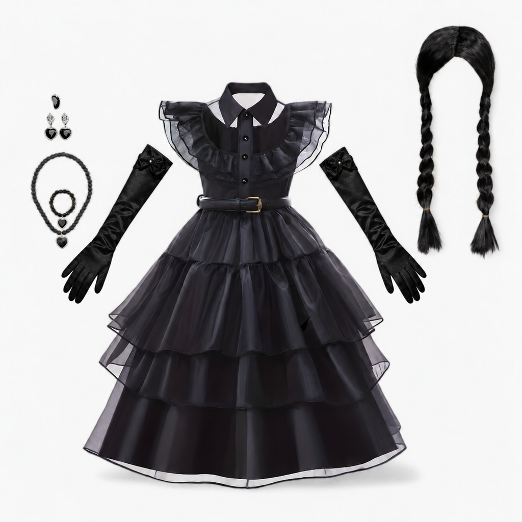 Girls Costume Set Gothic Dress Wig Socks Gloves Jewelry
