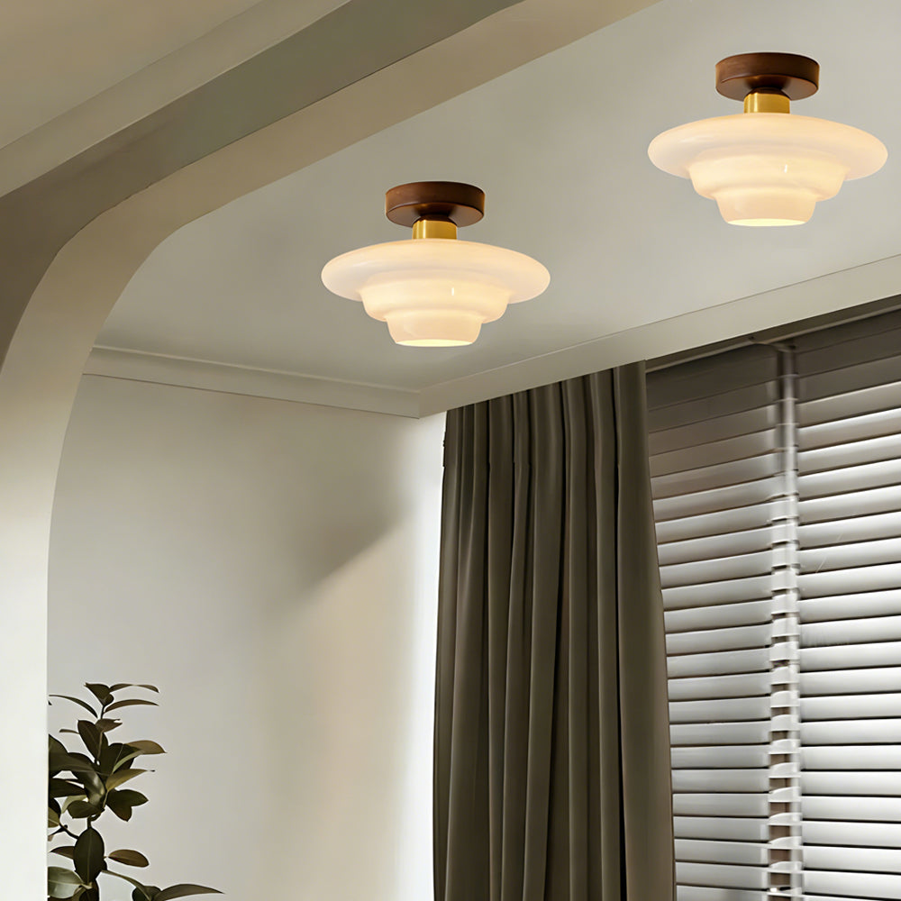 Scandinavian Walnut Wood Glass Flush Mount Ceiling Light E27 - Image 2