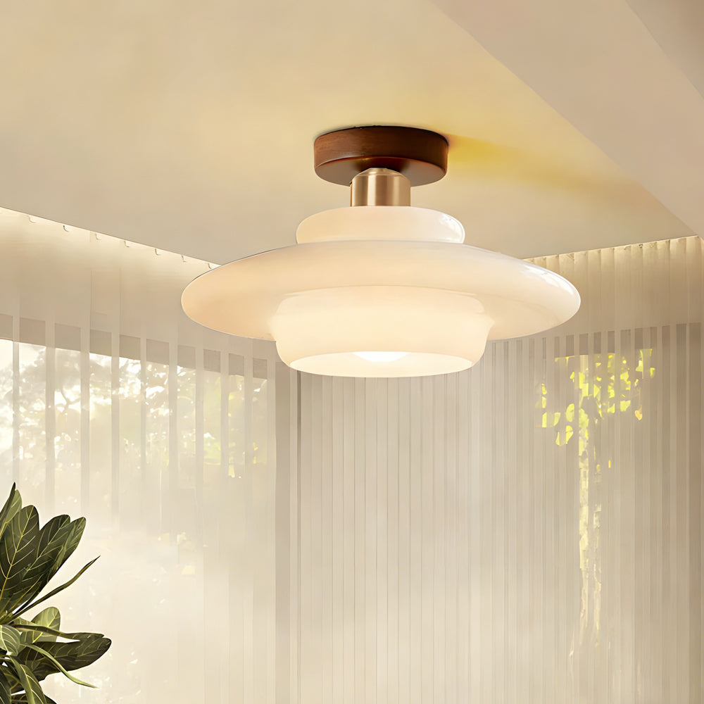 Scandinavian Walnut Wood Glass Flush Mount Ceiling Light E27 - Image 14