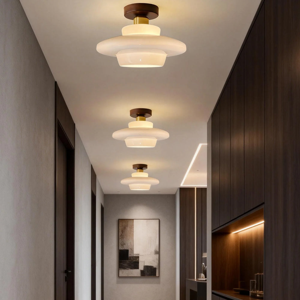 Scandinavian Walnut Wood Glass Flush Mount Ceiling Light E27 - Image 16