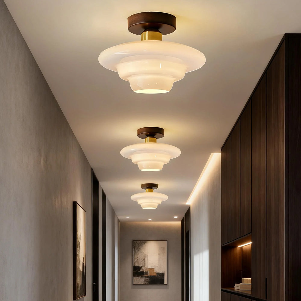 Scandinavian Walnut Wood Glass Flush Mount Ceiling Light E27 - Image 3