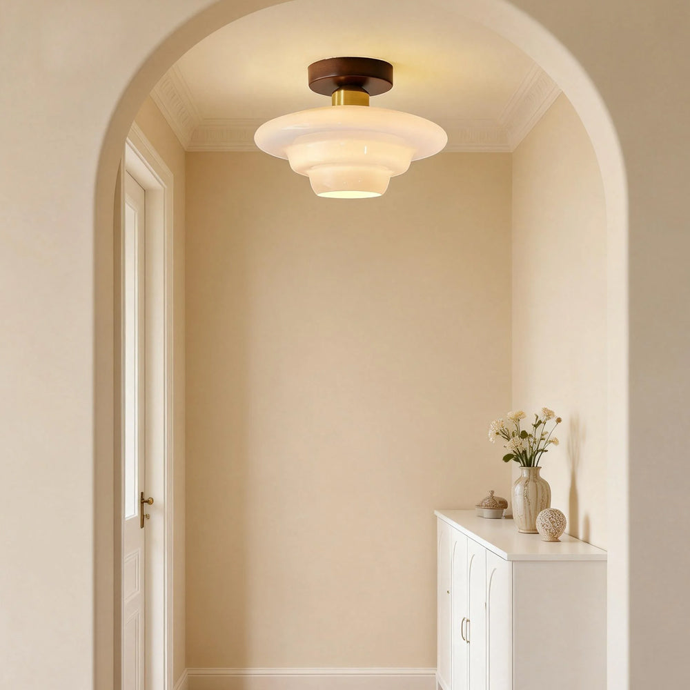 Scandinavian Walnut Wood Glass Flush Mount Ceiling Light E27 - Image 4