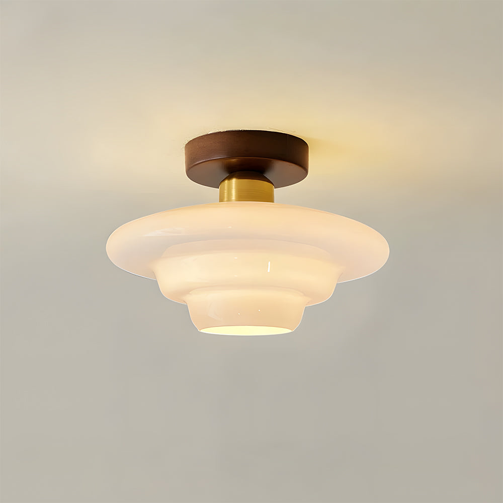 Scandinavian Walnut Wood Glass Flush Mount Ceiling Light E27