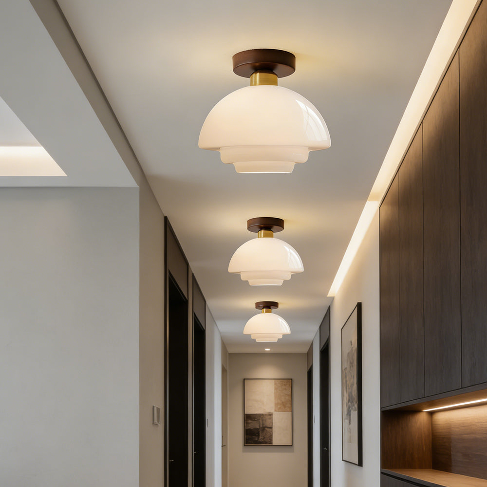 Scandinavian Walnut Wood Glass Flush Mount Ceiling Light E27 - Image 9
