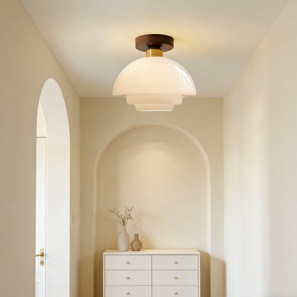 Scandinavian Walnut Wood Glass Flush Mount Ceiling Light E27 - Image 10