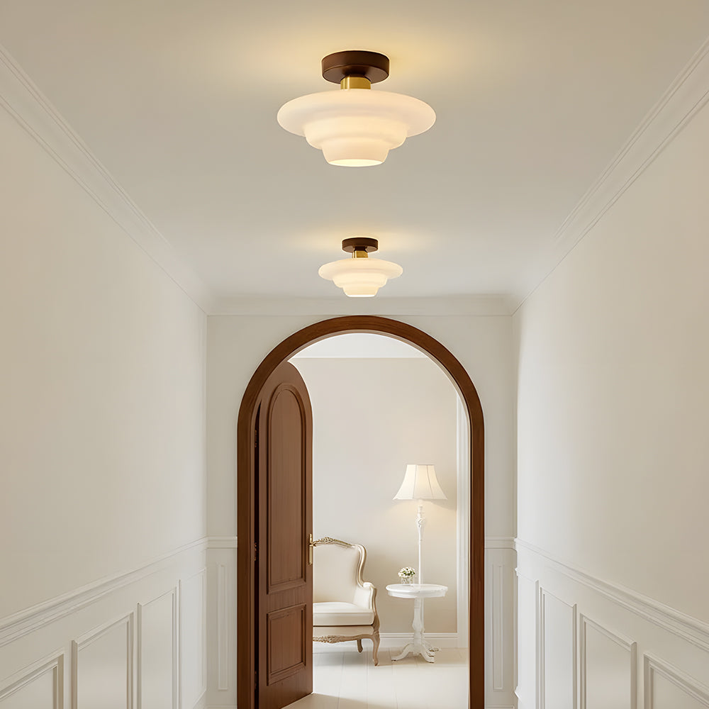 Scandinavian Walnut Wood Glass Flush Mount Ceiling Light E27 - Image 5