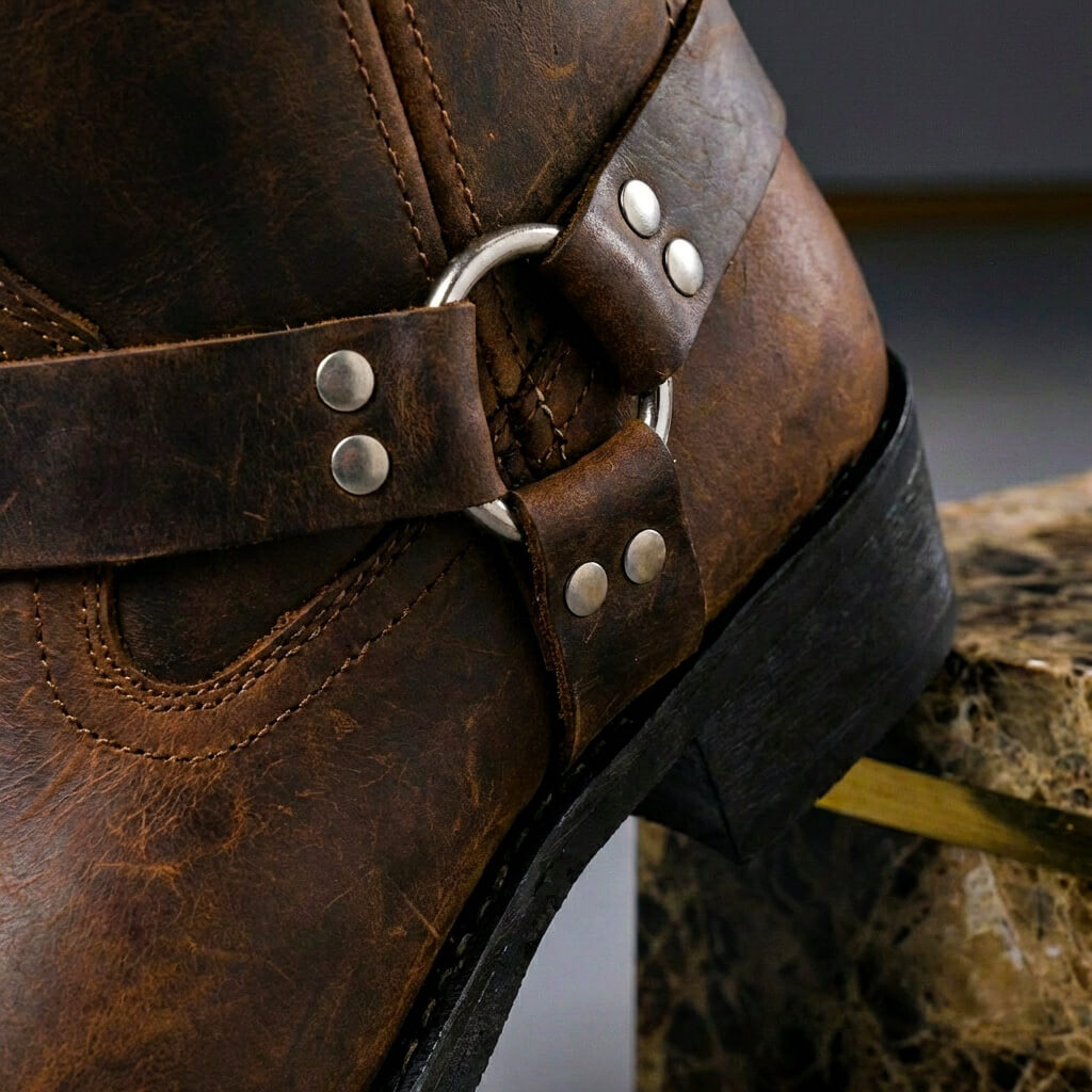Vintage Western Leather Mens Cowboy Boots Harness Buckle - Image 3
