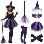 7 Piece Tulle Girls Witch Costume Set Tutu Skirt Hat Broom