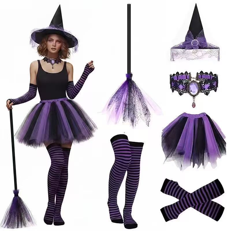 7 Piece Tulle Girls Witch Costume Set Tutu Skirt Hat Broom