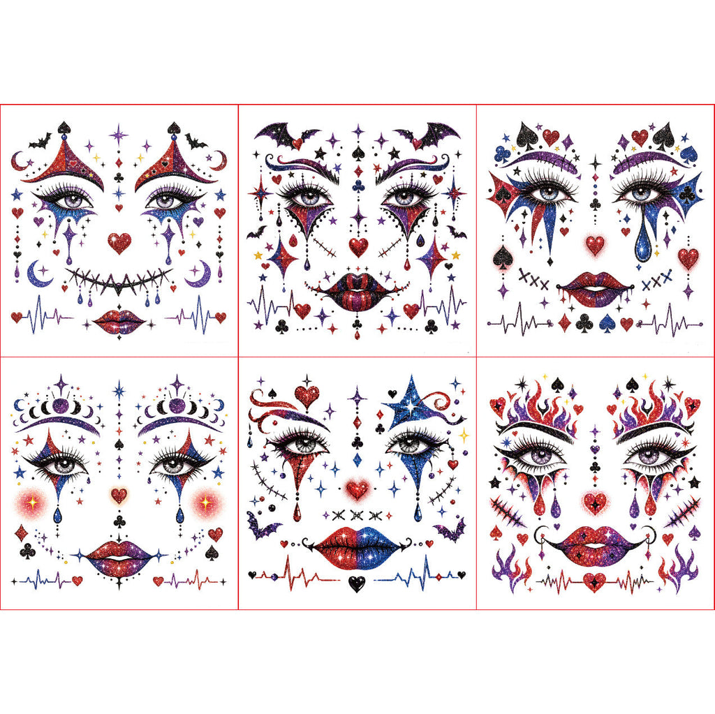 6 Sheets Clown Face Temporary Tattoos Glitter Water Transfer - Image 5