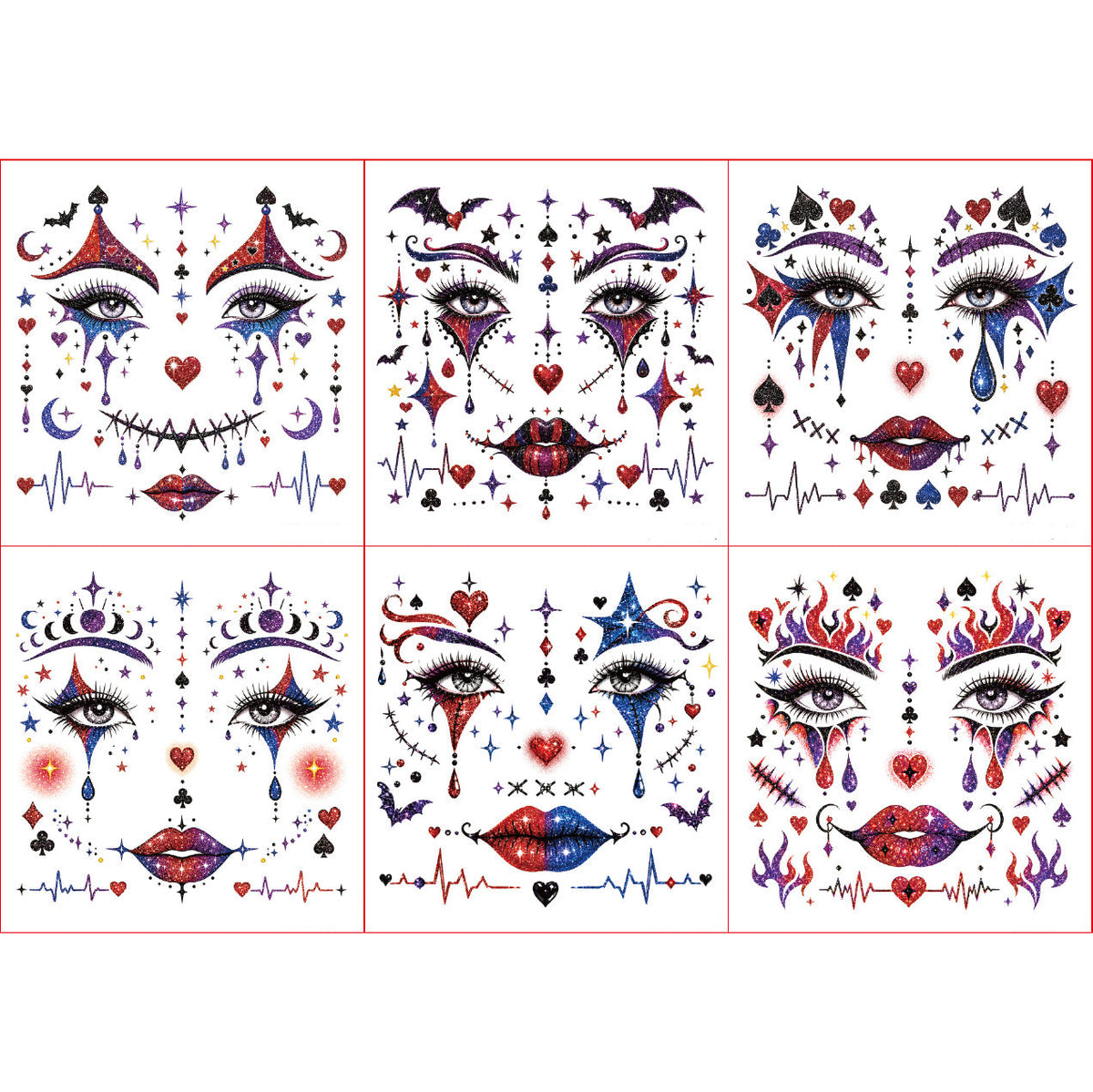 6 Sheets Clown Face Temporary Tattoos Glitter Water Transfer - Image 5
