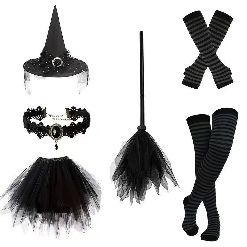 7 Piece Tulle Girls Witch Costume Set Tutu Skirt Hat Broom - Image 3