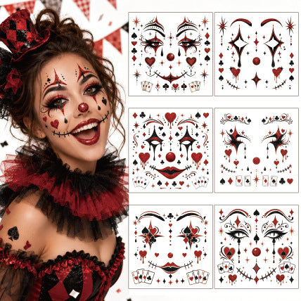 6 Sheets Clown Face Temporary Tattoos Glitter Water Transfer - Image 4