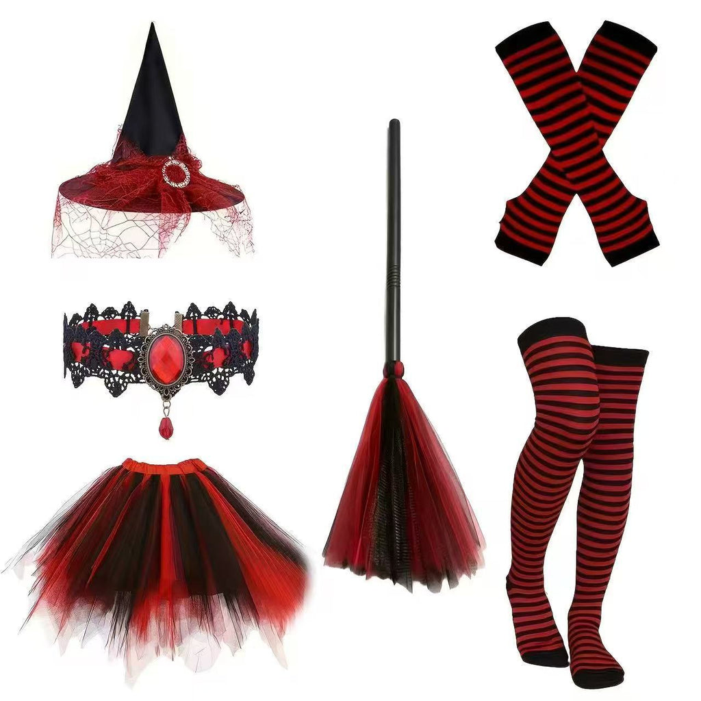 7 Piece Tulle Girls Witch Costume Set Tutu Skirt Hat Broom - Image 2