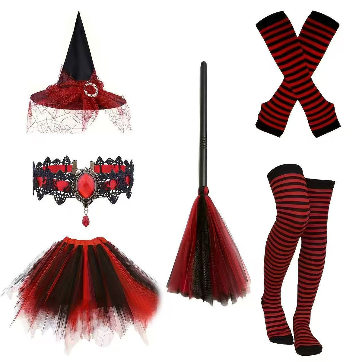 7 Piece Tulle Girls Witch Costume Set Tutu Skirt Hat Broom - Image 2