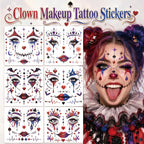 6 Sheets Clown Face Temporary Tattoos Glitter Water Transfer