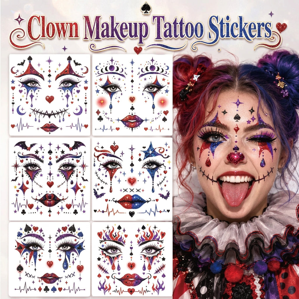 6 Sheets Clown Face Temporary Tattoos Glitter Water Transfer