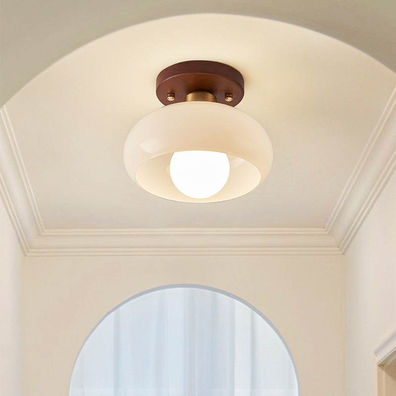 Round Cream Glass Flush Mount Ceiling Light Warm White LED - Image 2