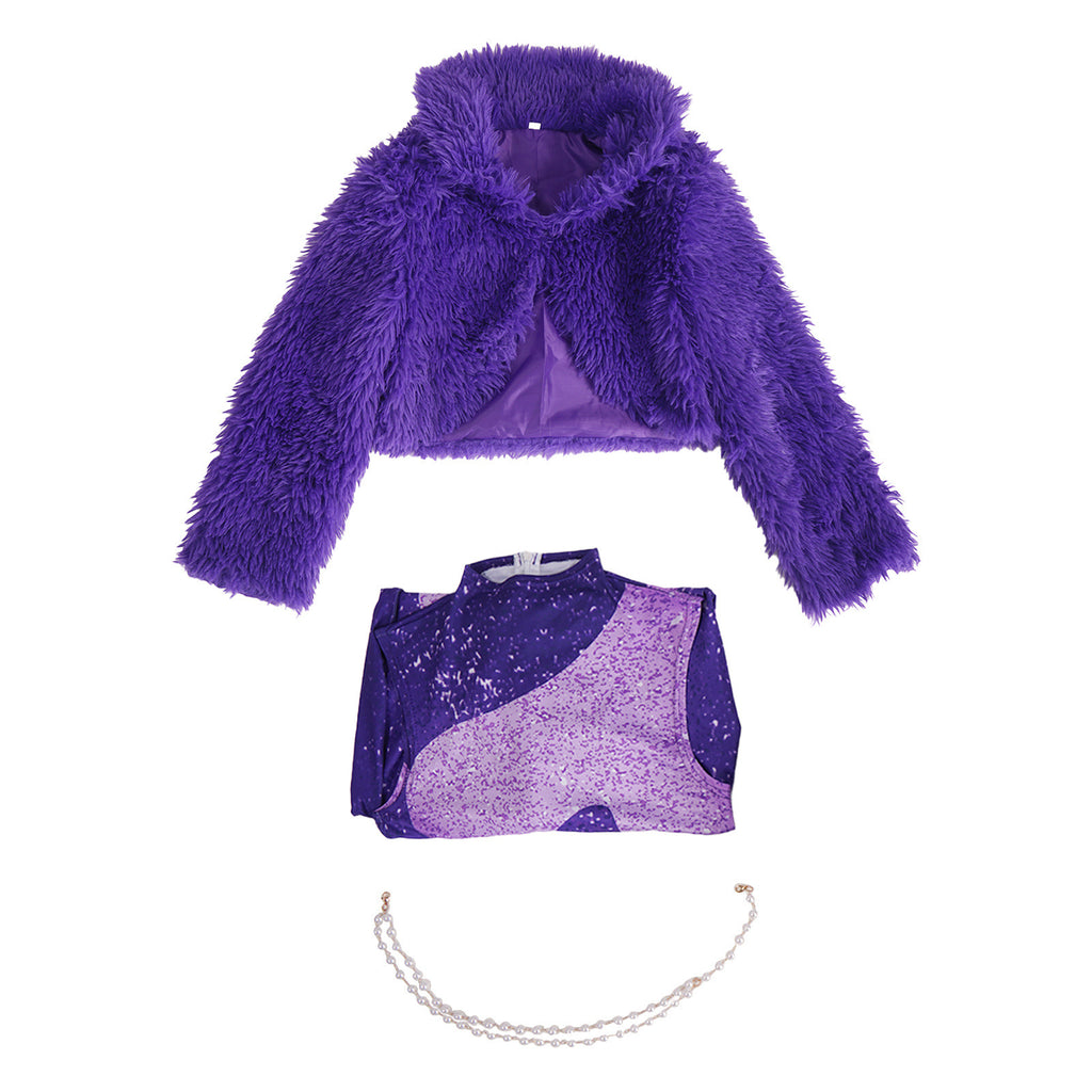 Cosplay Costume Purple Glitter Jumpsuit Faux Fur Jacket Set