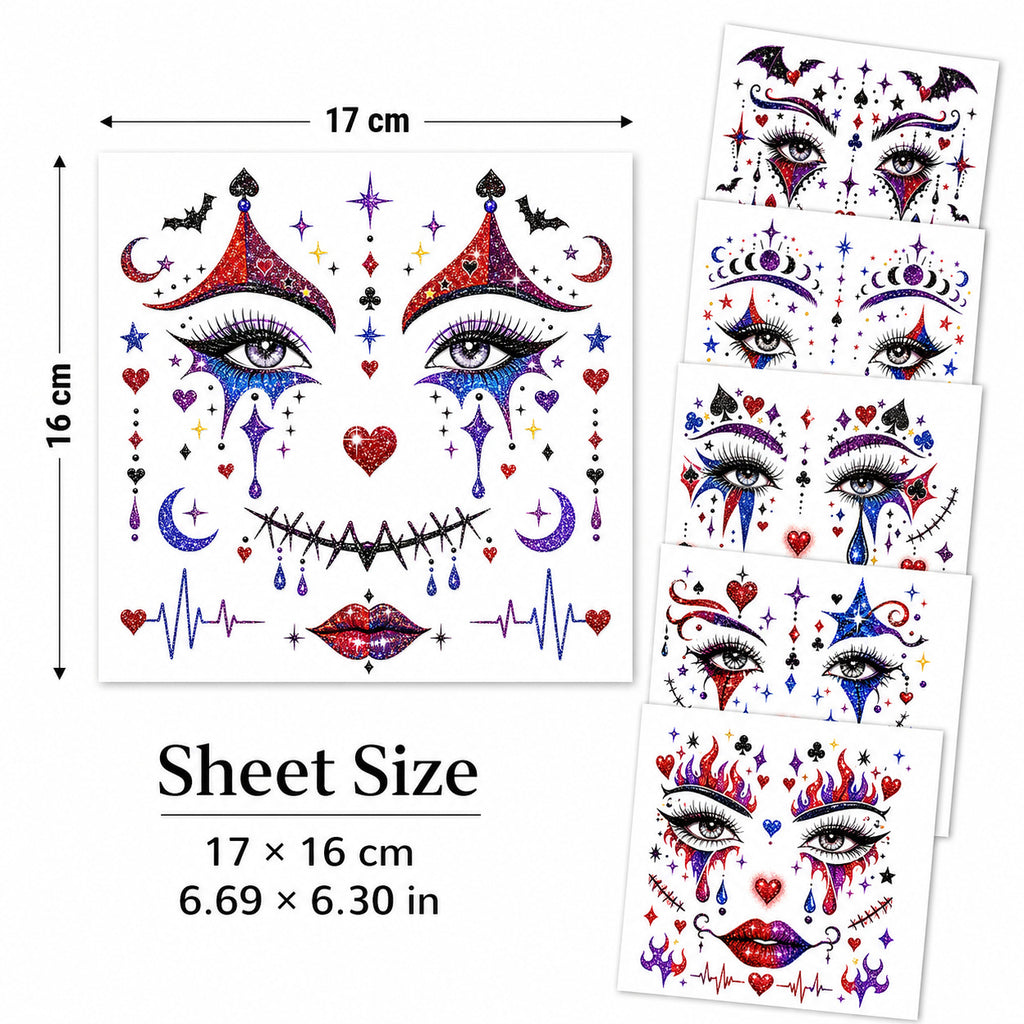 6 Sheets Clown Face Temporary Tattoos Glitter Water Transfer - Image 2