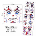 6 Sheets Clown Face Temporary Tattoos Glitter Water Transfer - Image 2
