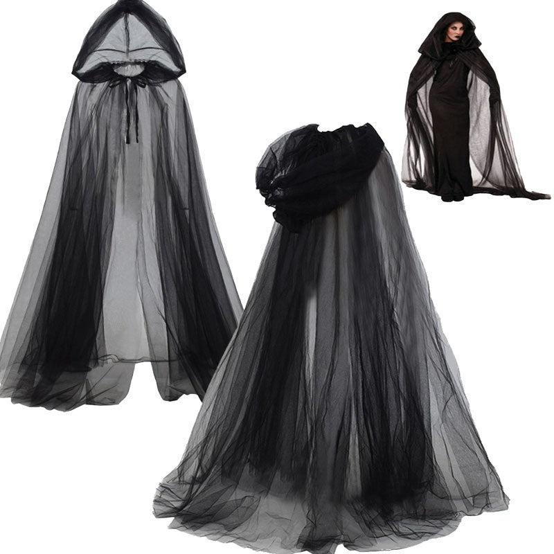 Gothic Sheer Mesh Hooded Cape Floor Length