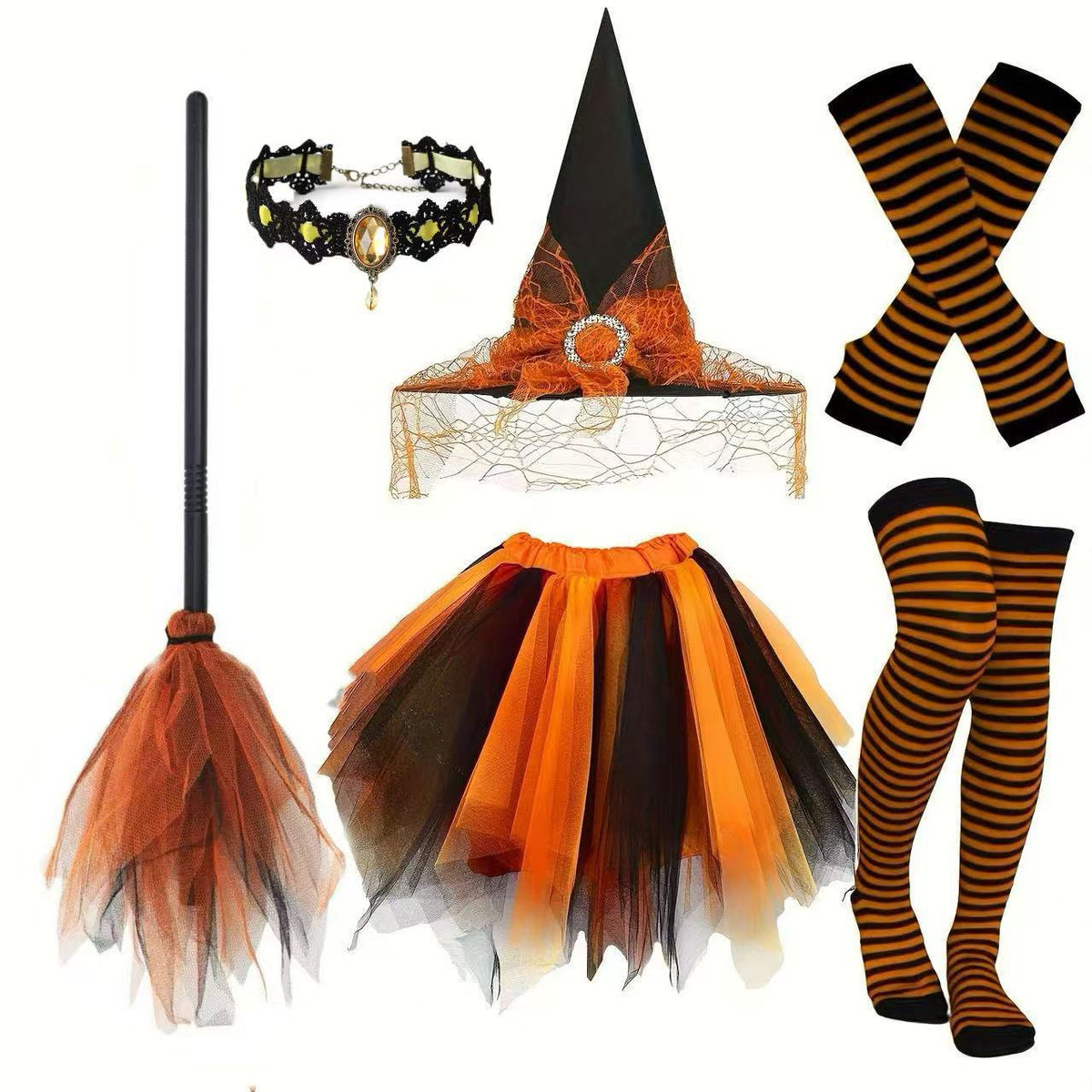 7 Piece Tulle Girls Witch Costume Set Tutu Skirt Hat Broom - Image 4