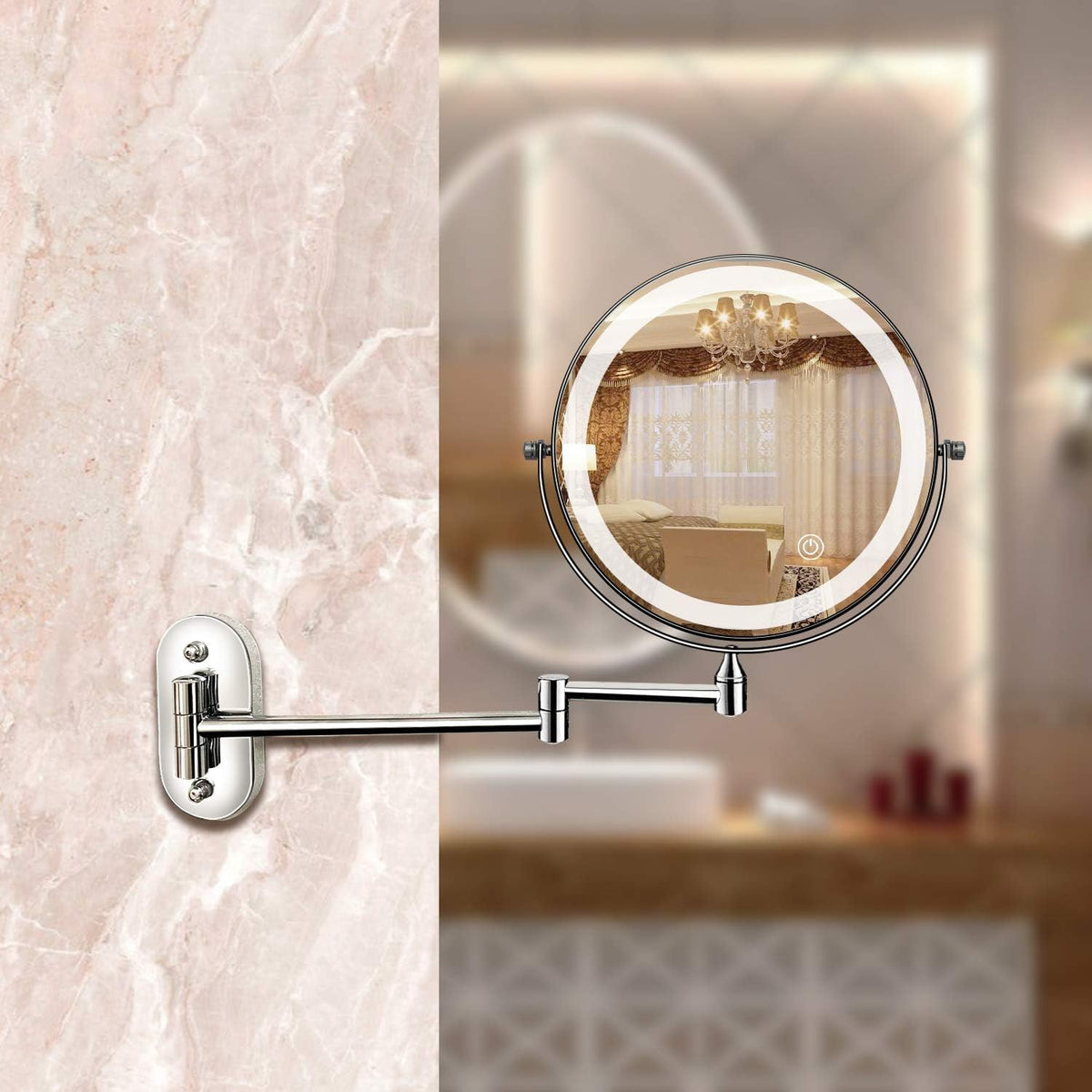 Round LED Rechargeable Magnifying Makeup Mirror Wall Mounted Adjustable Arm - Image 3