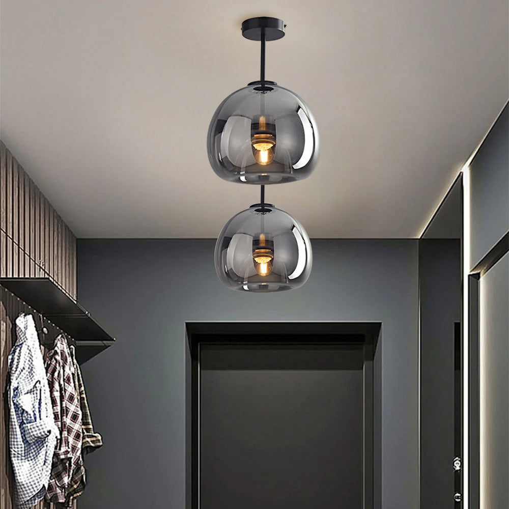 Round Copper Glass Flush Mount Ceiling Light E27 Fitting - Image 3