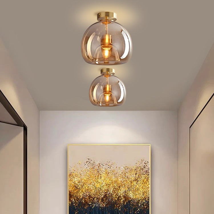 Round Copper Glass Flush Mount Ceiling Light E27 Fitting - Image 9