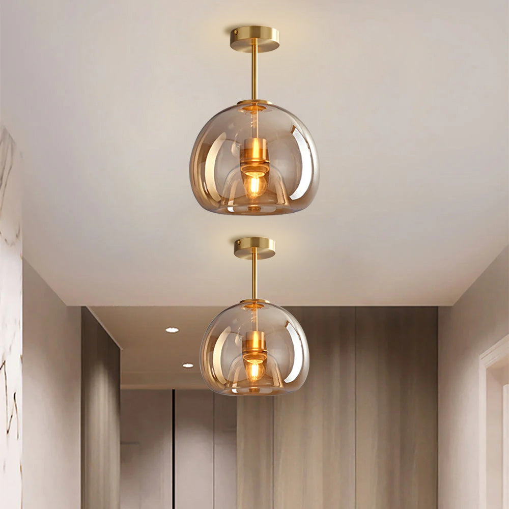 Round Copper Glass Flush Mount Ceiling Light E27 Fitting - Image 10