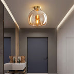 Round Copper Glass Flush Mount Ceiling Light E27 Fitting - Image 4