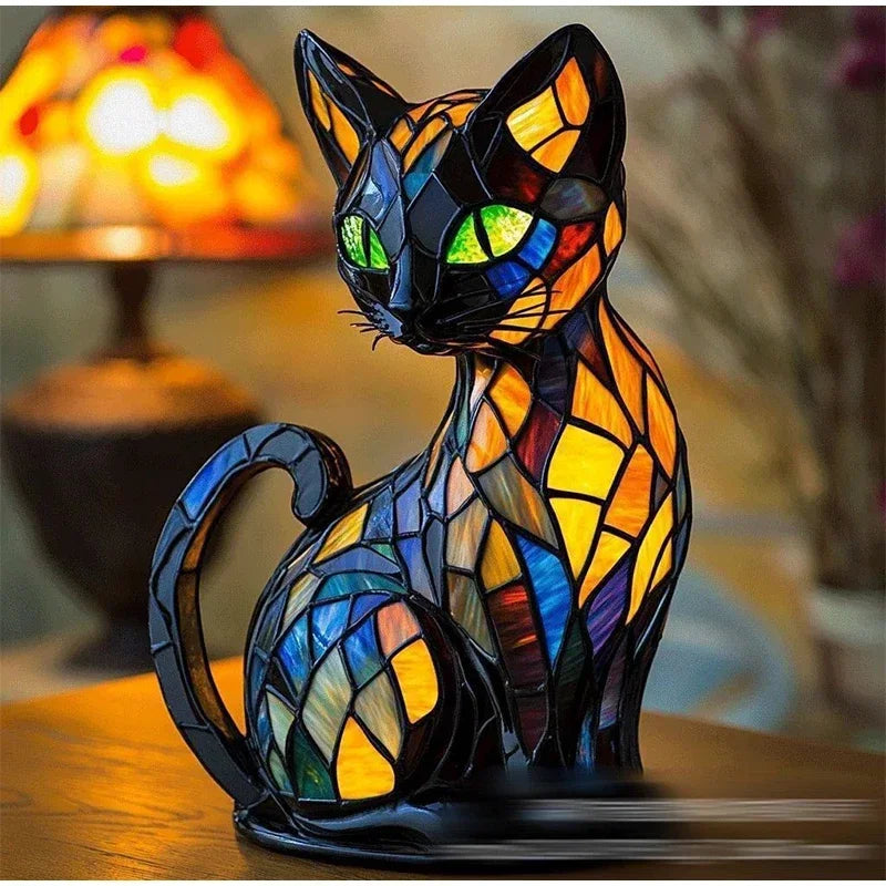 Stained Glass Cat Table Lamp Sculptural Mosaic Nightstand Lamp