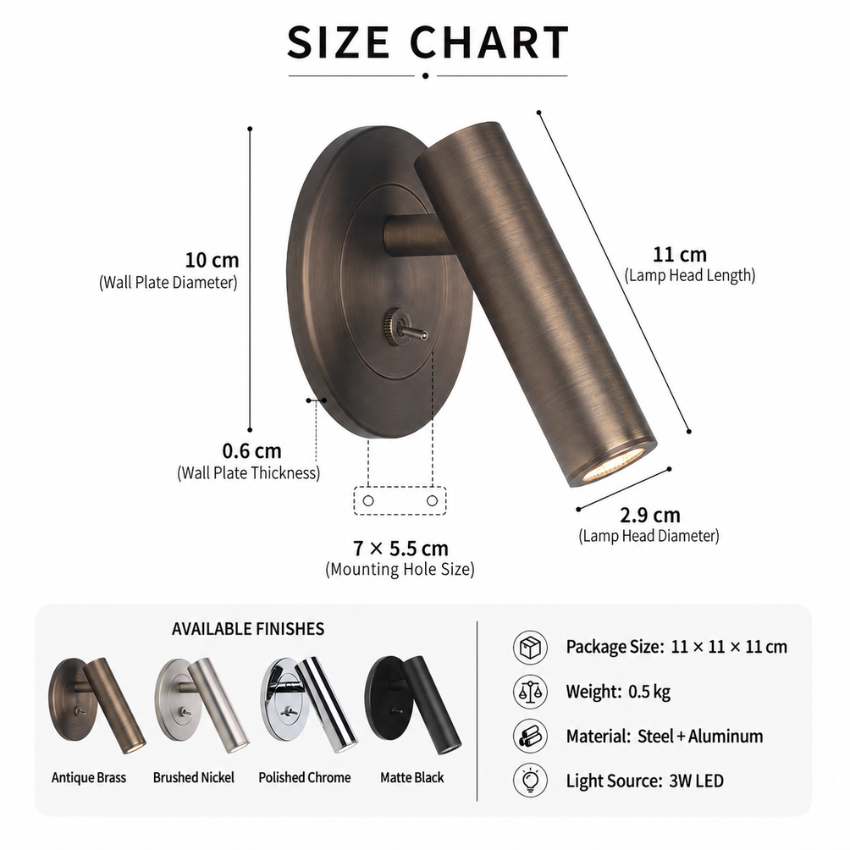 Adjustable Cylindrical Metal Wall Reading Lamp LED Bedside - Image 16