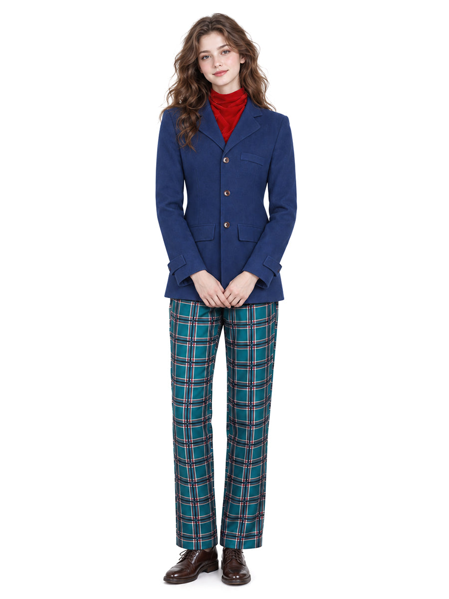 3 Piece Cosplay Set Blue Coat Plaid Pants - Image 2