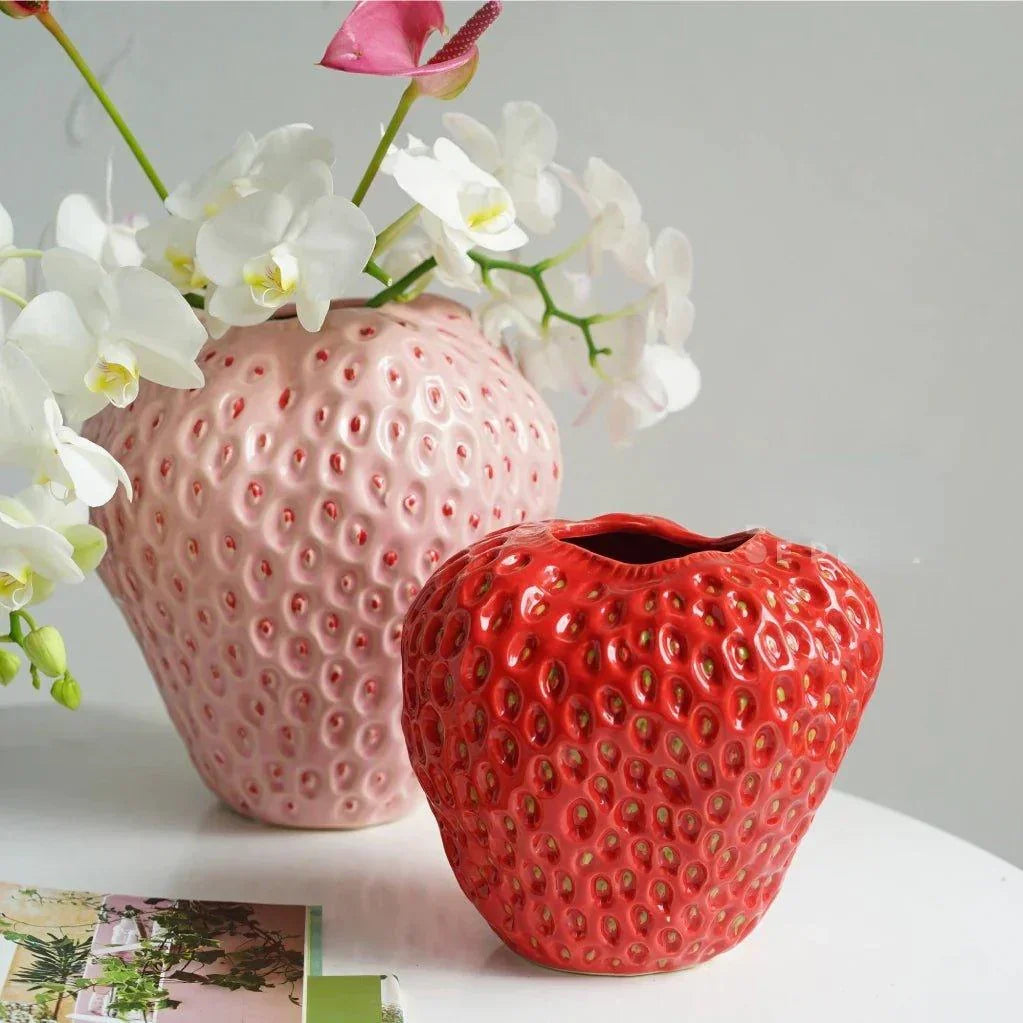 Strawberry Ceramic Flower Vase Glossy Textured Finish