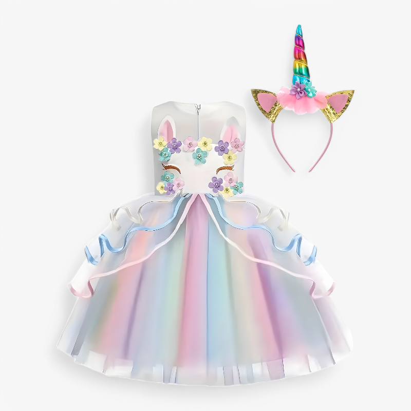 Unicorn Princess Dress Girls Rainbow Tulle Floral Birthday Costume - Image 3